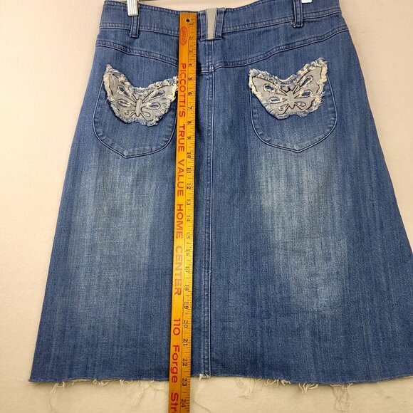 Style J Womens Denim Skirt Butterfly Pocket Embroidery Frayed Hem Y2K Sz30 Large - Picture 9 of 10